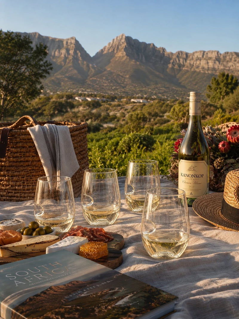 Govino stemless wine glasses on an outdoor picnic table with proteas and Cape Town mountains behind