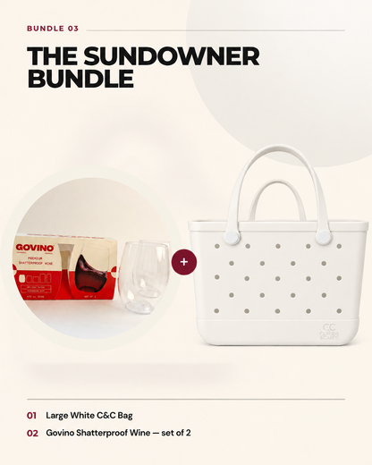 The Sundowner Bundle — Large White Clauds & Cands bag with Govino shatterproof wine glasses, set of 2