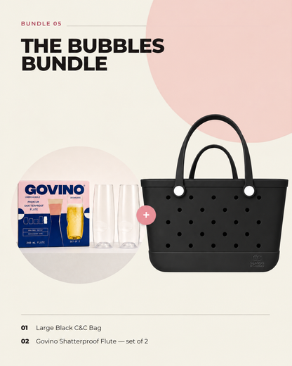 The Bubbles Bundle — Large Black Clauds & Cands bag with Govino shatterproof flutes, set of 2