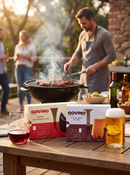 Govino Braai Pack — wine and beer glasses on the braai deck