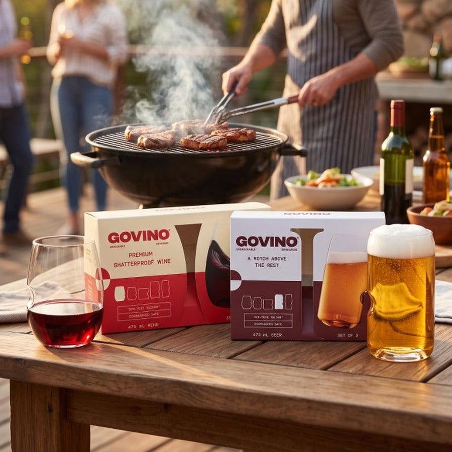 Govino Braai Pack — wine and beer glasses on the braai table