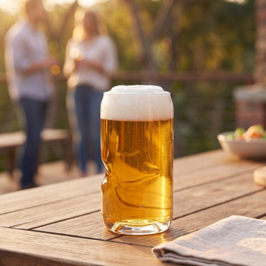 Govino Shatterproof Can beer glass filled with foam on wooden table at golden hour