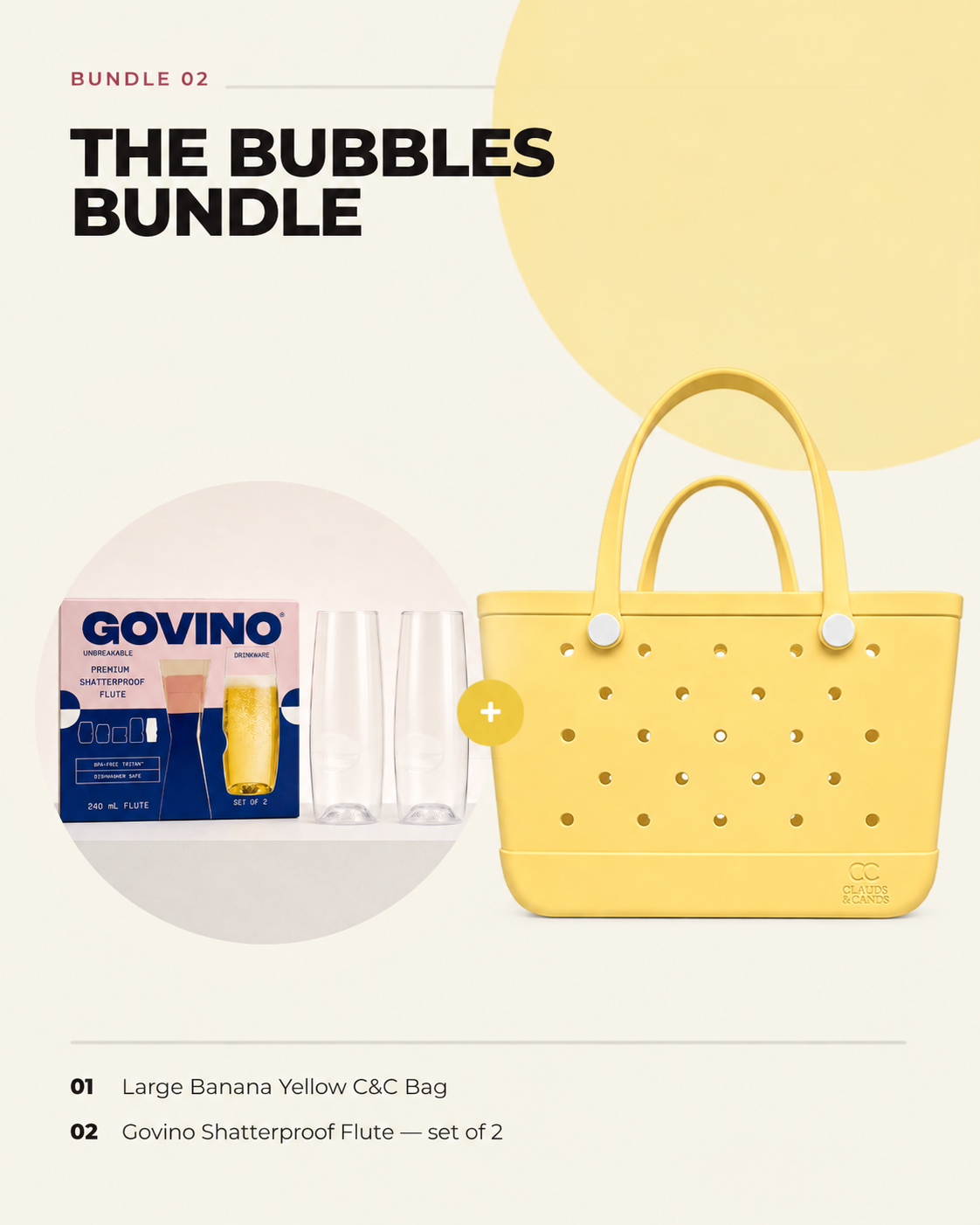 The Bubbles Bundle — Large Banana Yellow Clauds & Cands bag with Govino shatterproof flutes, set of 2