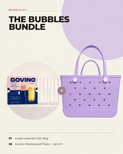 The Bubbles Bundle — Large Lavender Clauds & Cands bag with Govino shatterproof flutes, set of 2