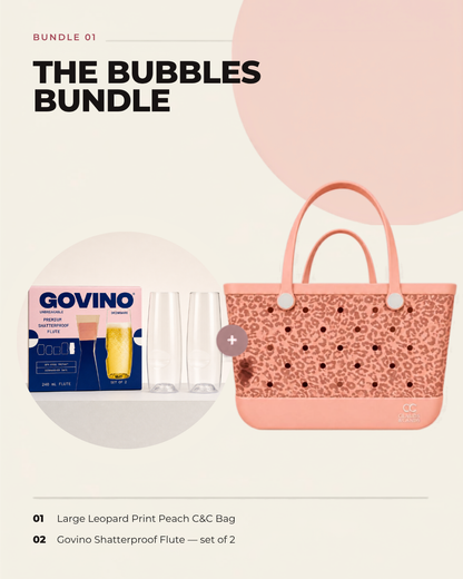 The Bubbles Bundle — Large Leopard Print Peach Clauds & Cands bag with Govino shatterproof flutes, set of 2