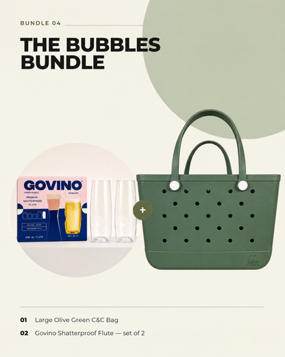 The Bubbles Bundle — Large Olive Green Clauds & Cands bag with Govino shatterproof flutes, set of 2