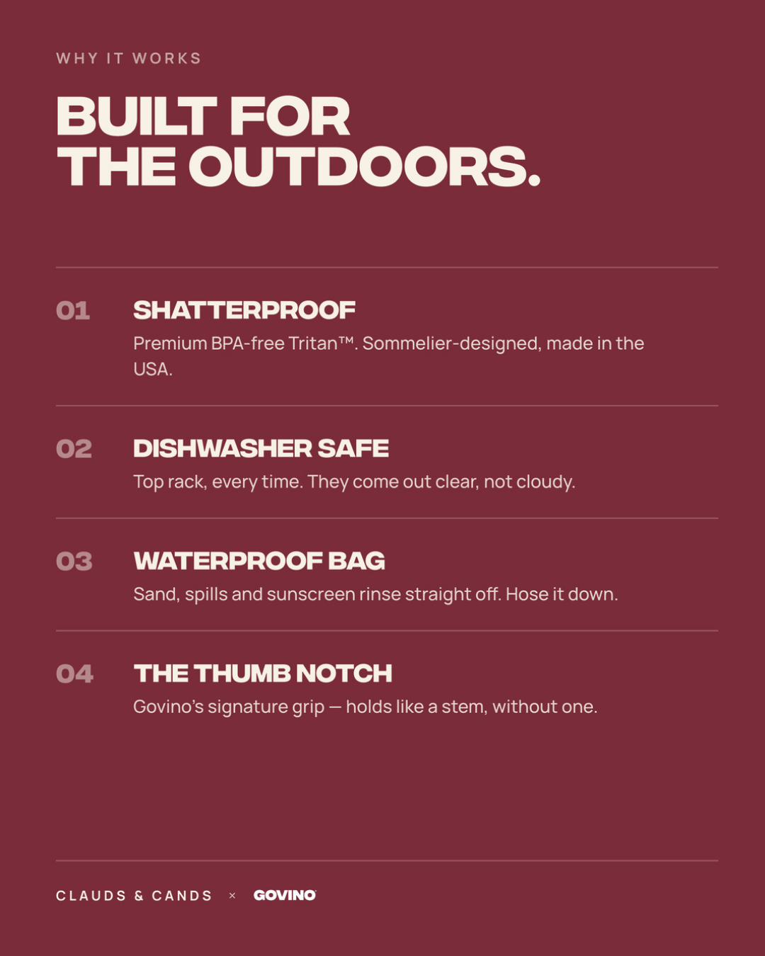 Built for the outdoors — shatterproof Tritan, dishwasher safe, waterproof bag, and Govino's signature thumb notch