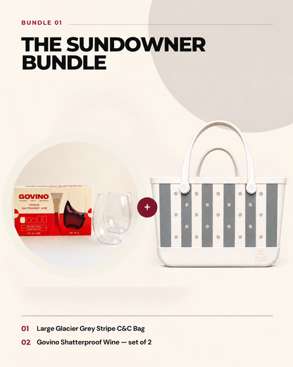 The Sundowner Bundle — Large Glacier Grey Stripe Clauds & Cands bag with Govino shatterproof wine glasses, set of 2