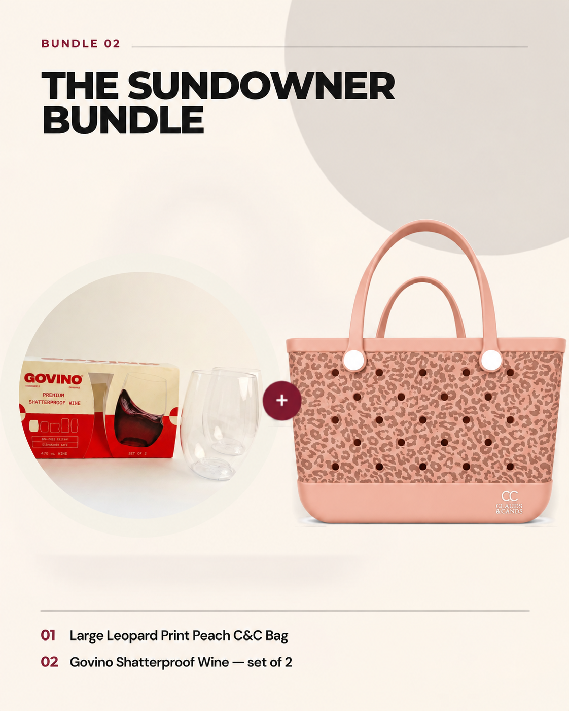 The Sundowner Bundle — Large Leopard Print Peach Clauds & Cands bag with Govino shatterproof wine glasses, set of 2