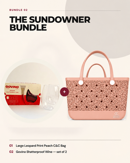 The Sundowner Bundle — Large Leopard Print Peach Clauds & Cands bag with Govino shatterproof wine glasses, set of 2