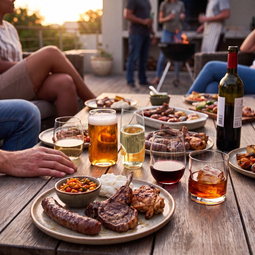 Govino Household Bundle shatterproof wine, flute, beer can and whisky rocks glasses on a braai table at sunset