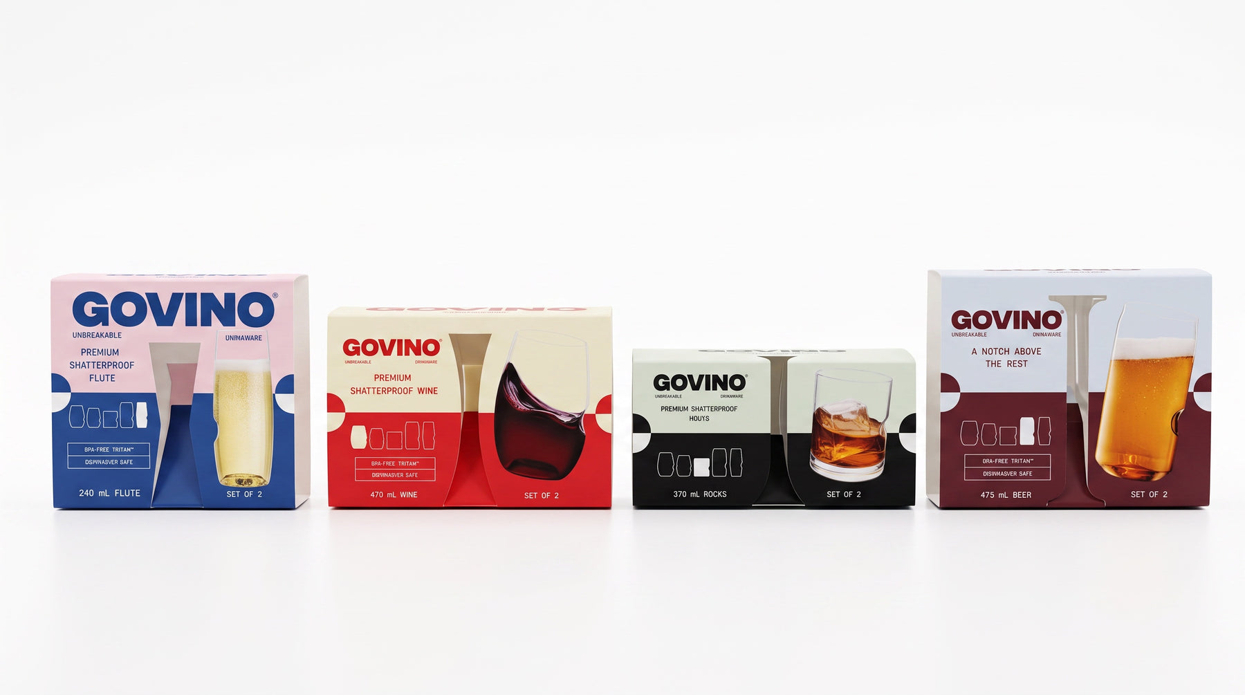 Govino retail packaging line-up — Flute, Wine, Rocks and Beer gift boxes
