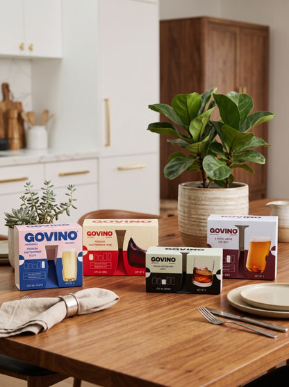 Govino shatterproof drinkware range — Wine, Flute, Rocks and Can gift boxes