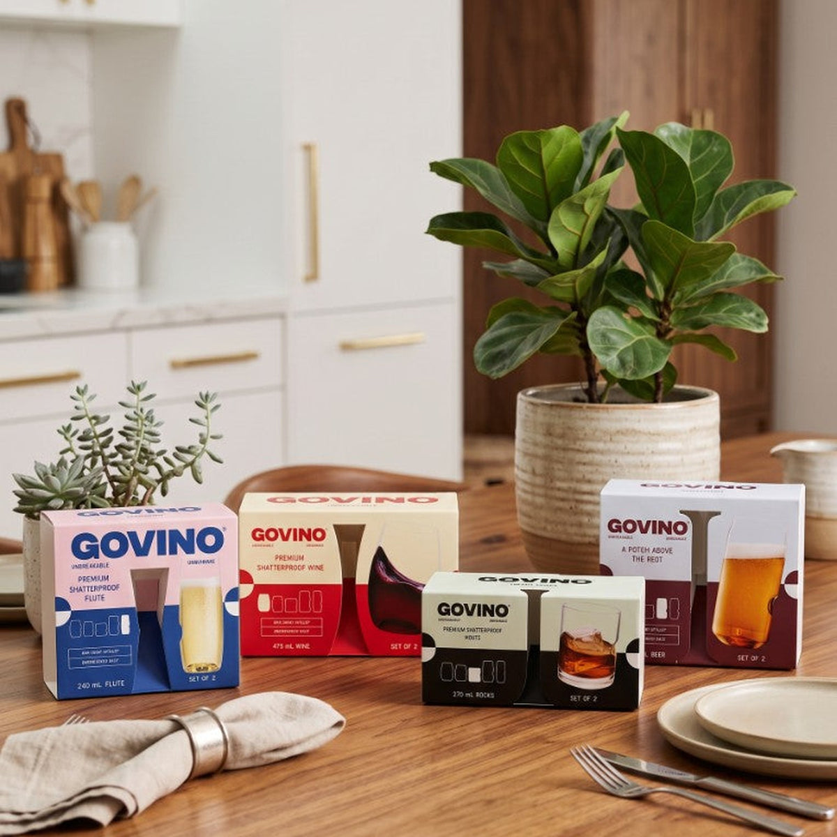 Govino shatterproof drinkware range — Wine, Flute, Rocks and Can gift boxes