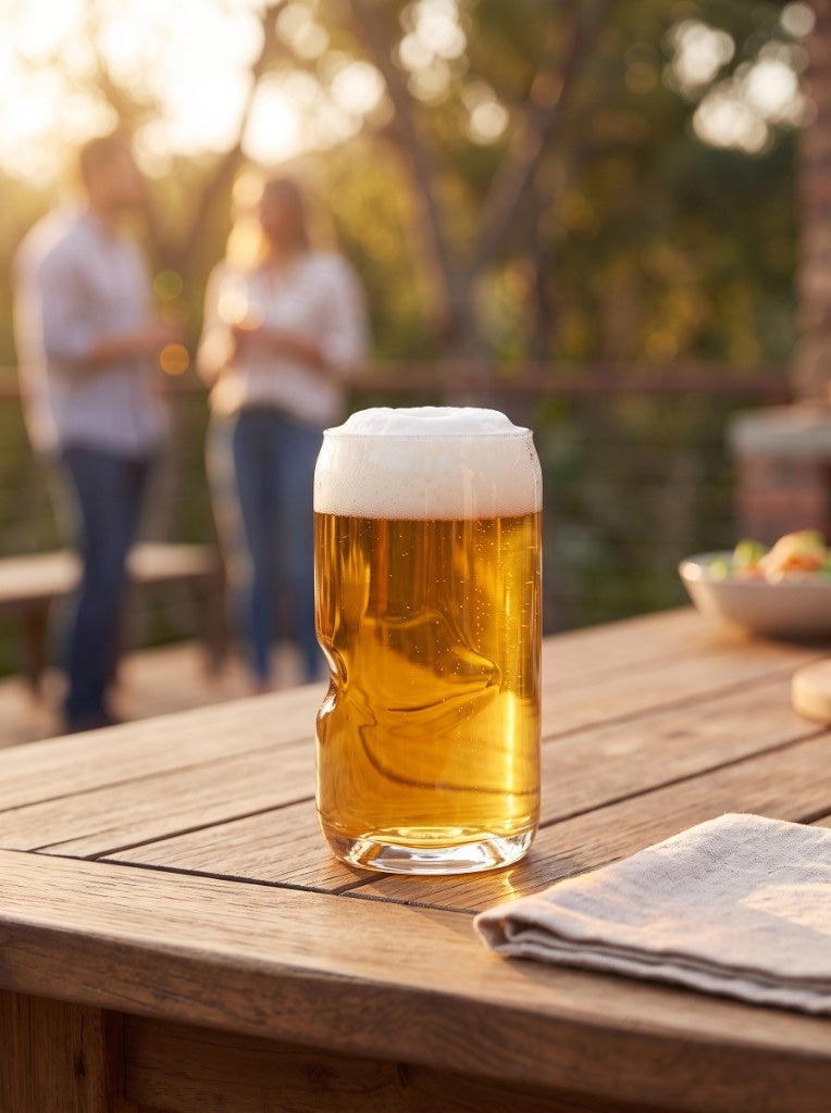 Govino Shatterproof Can beer glass filled with foam on wooden table at golden hour