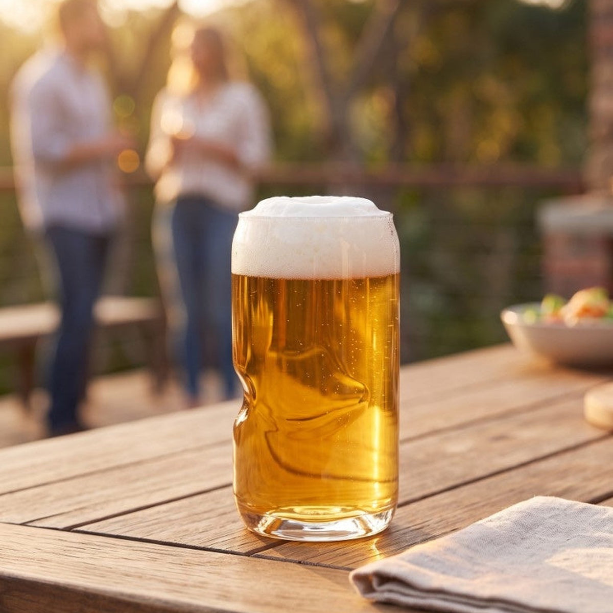 Govino Shatterproof Can beer glass filled with foam on wooden table at golden hour
